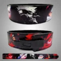 A black leather weightlifting belt featuring a vibrant image of Naruto and his team, with a red buckle and contrasting stitching.