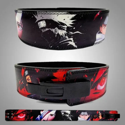 A black leather weightlifting belt featuring a vibrant image of Naruto and his team, with a red buckle and contrasting stitching.