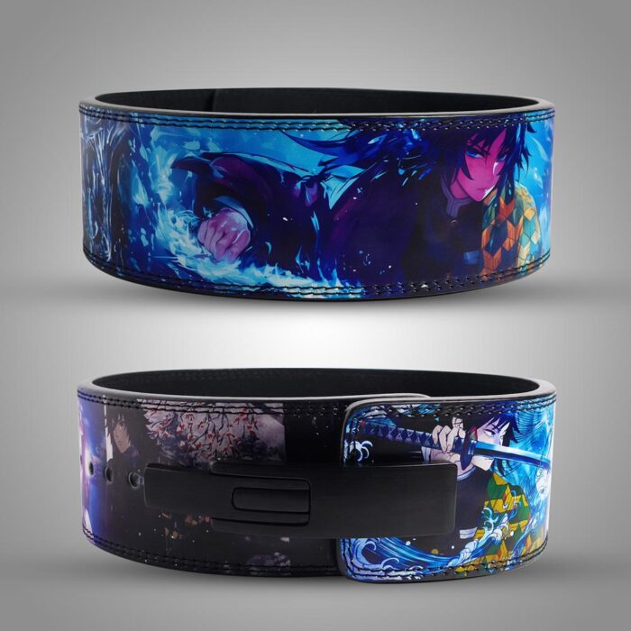 Durable weightlifting belt with Demon Slayer Giyu Tomioka design and adjustable buckle for core stability