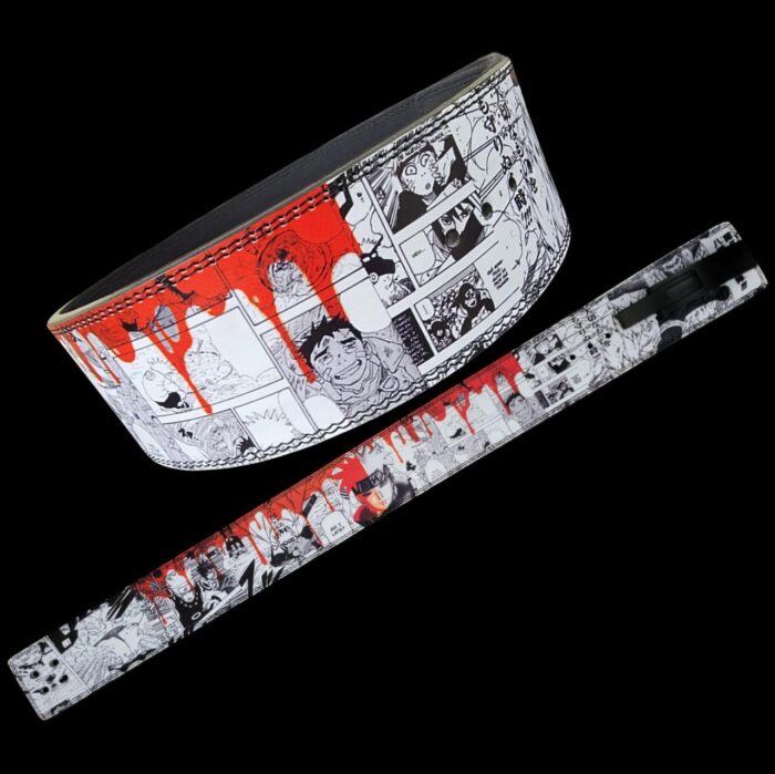 Ninja Way powerlifting belt, inspired by Naruto, featuring orange and black design with Leaf Village symbol for secure back support.