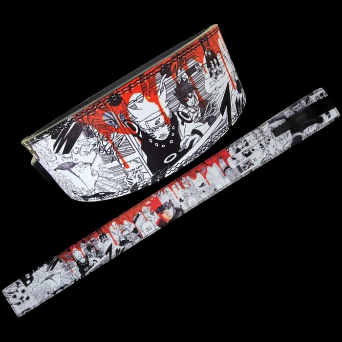 Ninja Way powerlifting belt, inspired by Naruto, featuring orange and black design with Leaf Village symbol for secure back support.