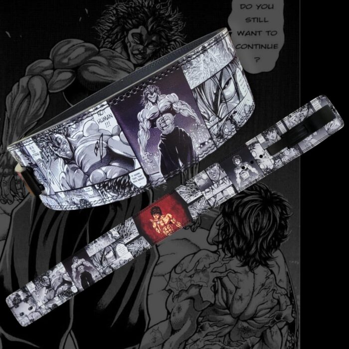 Black and white manga-panel-themed weightlifting belt offering adjustable back support for intense training sessions